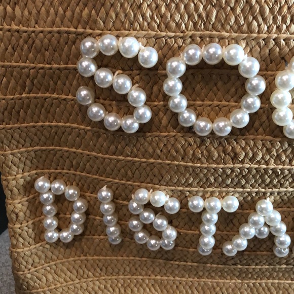 NWT B2B LA Straw Tote Social Distancing w/ pearl lettering beach bag - Picture 3 of 10